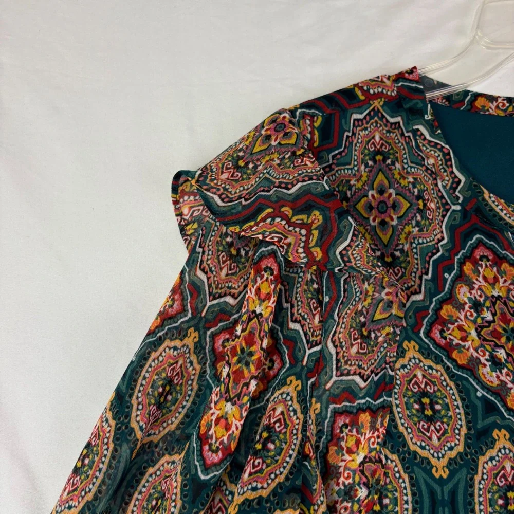 Loft M Petite Colorful Geometric Medallion Split Neck Blouse Boho Career Ruffle